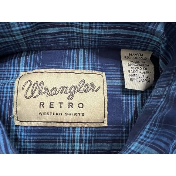 Wrangler Pearl Snap Shirt Mens M Blue Plaid Western Cowboy Sawtooth Pockets Yoke - Picture 4 of 10
